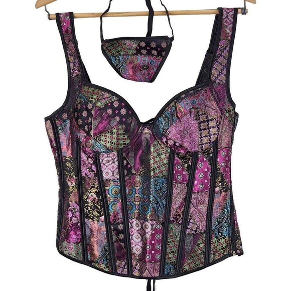 Women's Multicolor Two-Piece Lace Up Push-Up Tank Corset Bustier Size Large - Picture 4 of 10